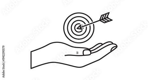 Hand holding dartboard with arrow hitting bullseye, representing goal achievement and success, vector illustration for business strategy and target marketing