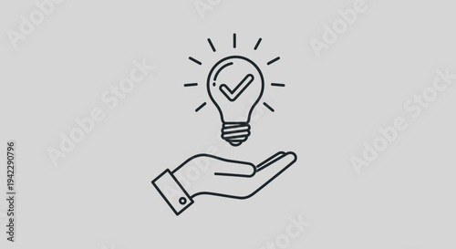 Hand Holding Light Bulb with Checkmark Icon, Vector Illustration of Idea Generation and Success, Concept for Innovation and Solution Finding