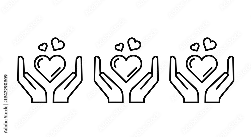 Fototapeta premium Hands Holding Hearts Icons Vector Illustration Set, Love Care Support Symbol, Gentle Embrace Graphic