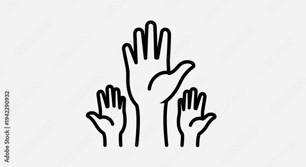 Obraz premium Hands Raised Up Vector Illustration, Diverse People Voting or Answering Question, Symbolizing Community and Participation