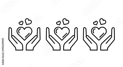 Hands Holding Hearts Icons Vector Illustration Set, Love Care Support Symbol, Gentle Embrace Graphic