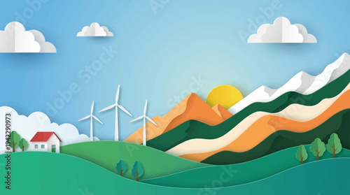 Sustainable Green Energy Landscape with Wind Turbines and Mountains in Paper Cut Style