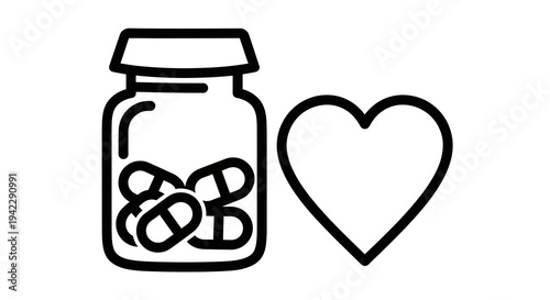 Heart and Pills Bottle Icon Vector Illustration, Medical Health Care Concept Graphic, Cardiology Treatment Symbol, Pharmaceutical Medicine Symbol