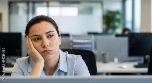 Bored Young Caucasian Woman Procrastinating at Office Desk, Quiet Quitting Concept