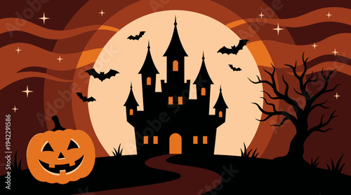 Spooky Halloween Haunted Castle Silhouette with Full Moon, Jack-O-Lantern and Bats Illustration