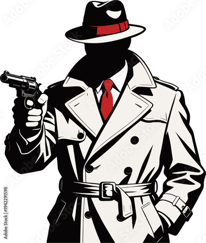 Noir Gangster in Trench Coat Aiming Gun, Vintage Mafia Detective Illustration