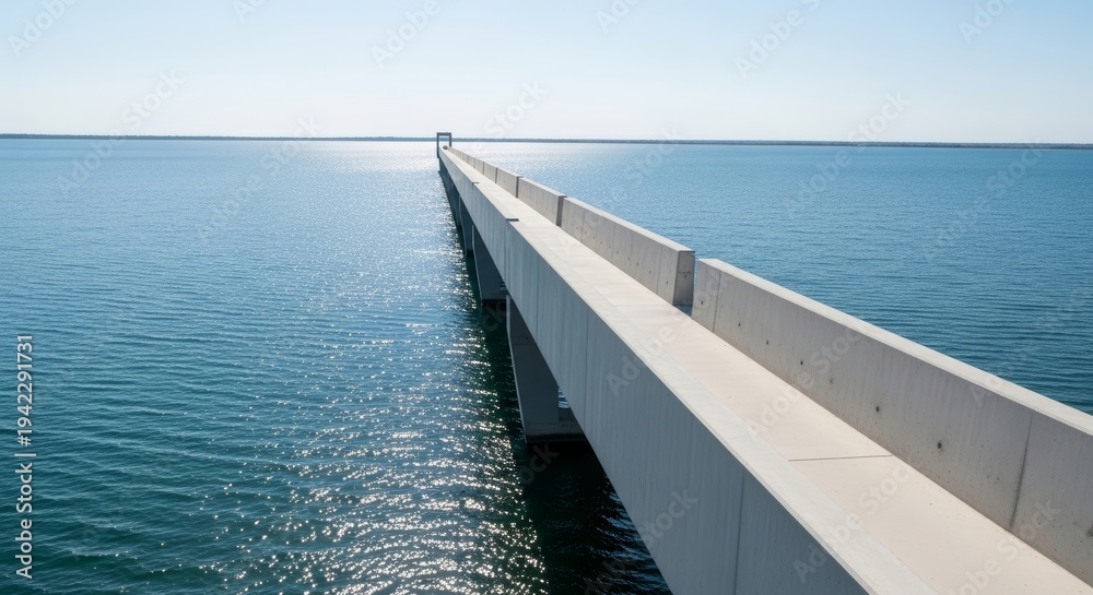 Obraz premium Modern Concrete Pier Stretching Across Vast Blue Water with Sun Reflections Under a Clear Sky