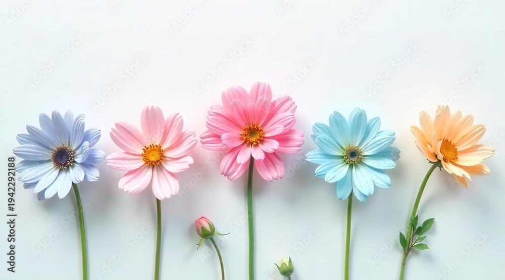Obraz premium Array of Delicate Floral Blooms in Pastel Hues Arranged Across a Clean Backdrop