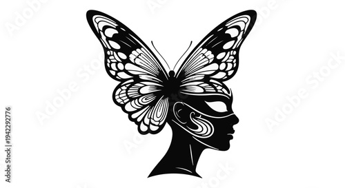 Ethereal profile of a woman with intricate butterfly wings forming her hair, symbolizing transformation and beauty.