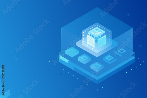 Isometric illustration depicting data storage and digital network connectivity
