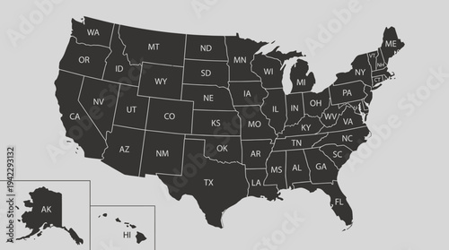 Minimalist USA Map with State Abbreviations, United States Silhouette with Borders and 2-Letter Codes, Educational Geography Vector Infographic