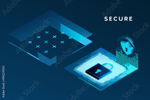 Isometric illustration depicting digital security data protection and network safety