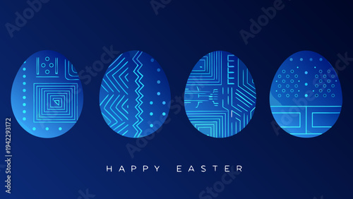 Abstract blue easter eggs with geometric patterns against a dark background