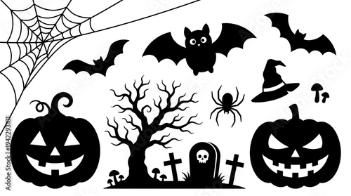 Halloween Silhouette Icon Set with Pumpkins, Bats, Spooky Tree, and Cemetery Elements on White Background