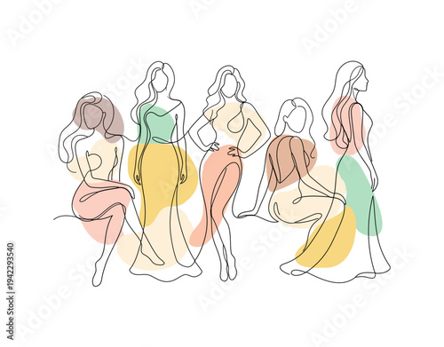 Abstract group of five women continuous line drawing on white background. Minimalist linear art illustration