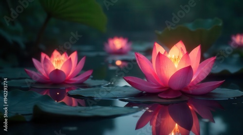 Radiant water lilies unfurl their luminous petals upon the tranquil water's surface, casting gentle reflections in the soft, diffused light