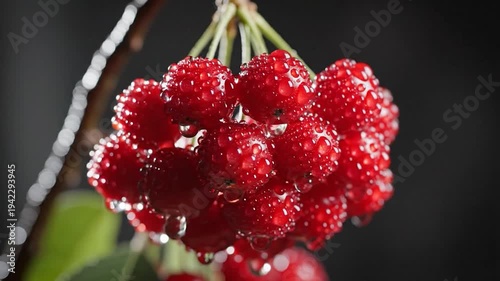 Cluster of ripe red berries glistening with water droplets on a dark background