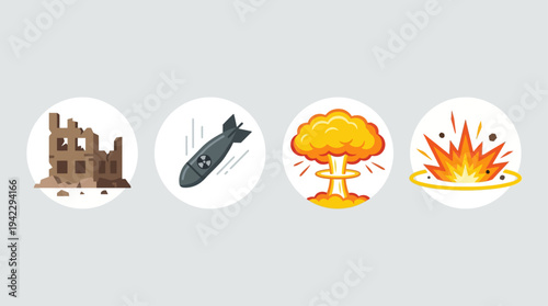 Uflat vector icon set of nuclear war elements, destroyed building ruins, falling bomb missile, nuclear mushroom cloud explosion, and ground blast fire explosion, simple cartoon illustration, minimal s
