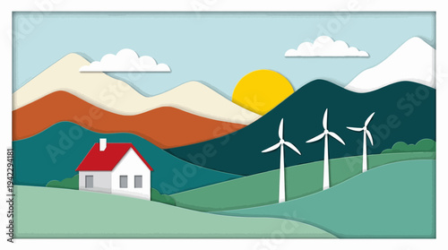 Sustainable Green Energy Landscape Illustration with Wind Turbines, Rural House and Mountains in Paper Cut Style