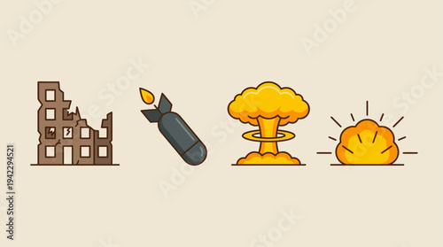 Uflat vector icon set of nuclear war elements, destroyed building ruins, falling bomb missile, nuclear mushroom cloud explosion, and ground blast fire explosion, simple cartoon illustration, minimal s