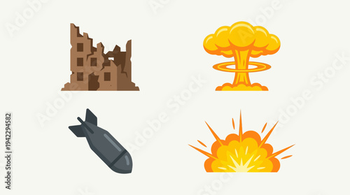 Uflat vector icon set of nuclear war elements, destroyed building ruins, falling bomb missile, nuclear mushroom cloud explosion, and ground blast fire explosion, simple cartoon illustration, minimal s