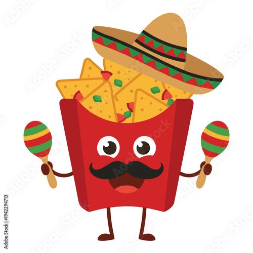 Photos Funny nacho box character wearing sombrero and playing maracas instrument