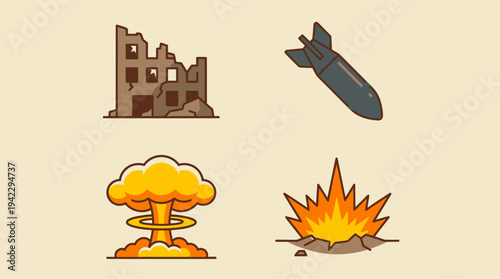Uflat vector icon set of nuclear war elements, destroyed building ruins, falling bomb missile, nuclear mushroom cloud explosion, and ground blast fire explosion, simple cartoon illustration, minimal s