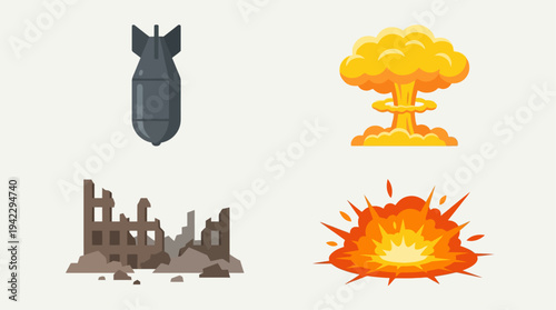 Uflat vector icon set of nuclear war elements, destroyed building ruins, falling bomb missile, nuclear mushroom cloud explosion, and ground blast fire explosion, simple cartoon illustration, minimal s