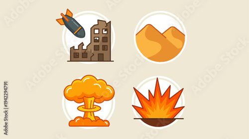 Uflat vector icon set of nuclear war elements, destroyed building ruins, falling bomb missile, nuclear mushroom cloud explosion, and ground blast fire explosion, simple cartoon illustration, minimal s