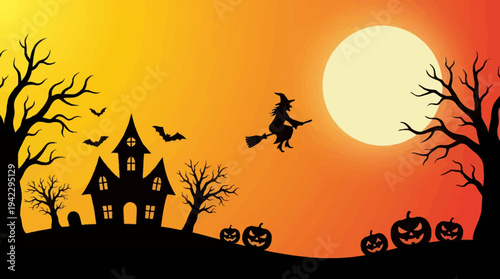 Halloween Spooky Landscape Background with Flying Witch, Haunted House, Full Moon, and Jack-O-Lanterns Silhouette Illustration