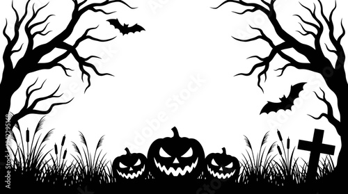 Halloween Silhouette Background with Spooky Trees, Jack-o'-Lanterns, Bats and Cemetery Cross on White Background
