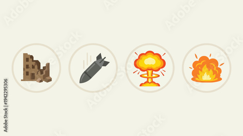 Uflat vector icon set of nuclear war elements, destroyed building ruins, falling bomb missile, nuclear mushroom cloud explosion, and ground blast fire explosion, simple cartoon illustration, minimal s