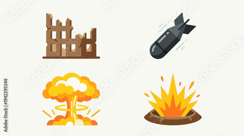 Uflat vector icon set of nuclear war elements, destroyed building ruins, falling bomb missile, nuclear mushroom cloud explosion, and ground blast fire explosion, simple cartoon illustration, minimal s