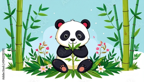 Adorable Cartoon Panda in Bamboo Forest.