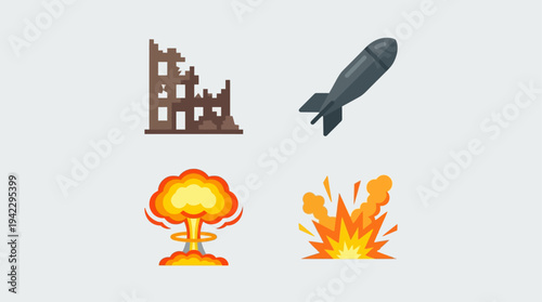 Uflat vector icon set of nuclear war elements, destroyed building ruins, falling bomb missile, nuclear mushroom cloud explosion, and ground blast fire explosion, simple cartoon illustration, minimal s