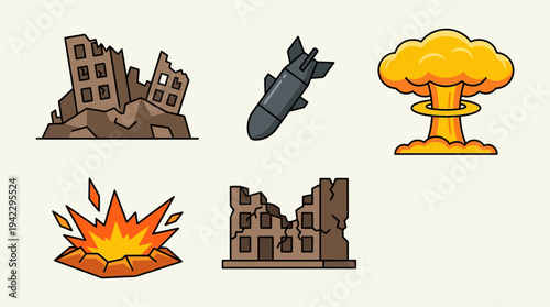 Uflat vector icon set of nuclear war elements, destroyed building ruins, falling bomb missile, nuclear mushroom cloud explosion, and ground blast fire explosion, simple cartoon illustration, minimal s