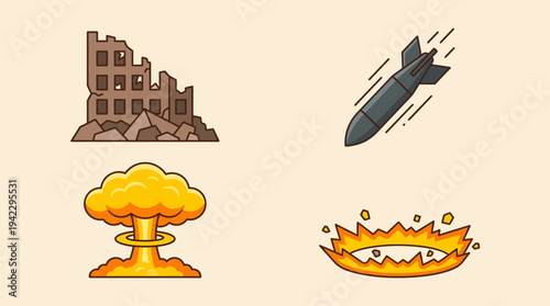 Uflat vector icon set of nuclear war elements, destroyed building ruins, falling bomb missile, nuclear mushroom cloud explosion, and ground blast fire explosion, simple cartoon illustration, minimal s
