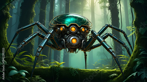 Biomechanical forest sentinel intricate mechanical spider with gleaming metallic legs and glowing eyes perched vigilantly amidst lush mysterious forest backdrop. Mechanical Forests. Illustration