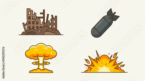 Uflat vector icon set of nuclear war elements, destroyed building ruins, falling bomb missile, nuclear mushroom cloud explosion, and ground blast fire explosion, simple cartoon illustration, minimal s