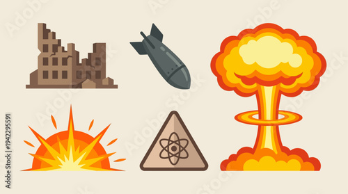 Uflat vector icon set of nuclear war elements, destroyed building ruins, falling bomb missile, nuclear mushroom cloud explosion, and ground blast fire explosion, simple cartoon illustration, minimal s