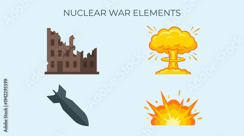 Uflat vector icon set of nuclear war elements, destroyed building ruins, falling bomb missile, nuclear mushroom cloud explosion, and ground blast fire explosion, simple cartoon illustration, minimal s