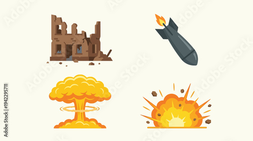 Uflat vector icon set of nuclear war elements, destroyed building ruins, falling bomb missile, nuclear mushroom cloud explosion, and ground blast fire explosion, simple cartoon illustration, minimal s