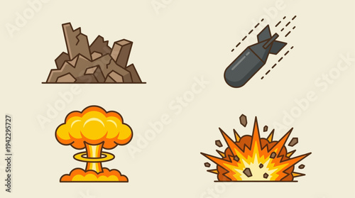 Uflat vector icon set of nuclear war elements, destroyed building ruins, falling bomb missile, nuclear mushroom cloud explosion, and ground blast fire explosion, simple cartoon illustration, minimal s