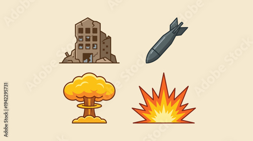 Uflat vector icon set of nuclear war elements, destroyed building ruins, falling bomb missile, nuclear mushroom cloud explosion, and ground blast fire explosion, simple cartoon illustration, minimal s