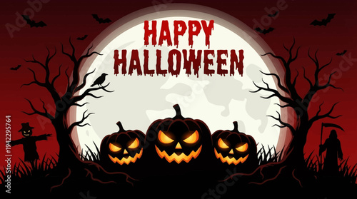 Happy Halloween Banner Background with Glowing Jack-O'-Lanterns, Spooky Trees, Bats, and Full Moon over a Red Night Sky