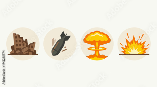 Uflat vector icon set of nuclear war elements, destroyed building ruins, falling bomb missile, nuclear mushroom cloud explosion, and ground blast fire explosion, simple cartoon illustration, minimal s