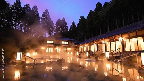 Serene hot spring resort at dusk with steaming pools and lanterns surrounded by trees, a rooster crowing in the distance.