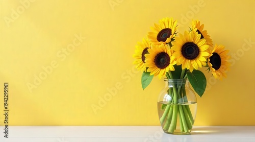 A cheerful bouquet of vibrant sunflowers rests in a clear glass vase against a bright, sunny yellow backdrop, evoking feelings of warmth and happiness