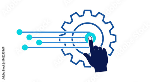 Interactive gear and hand icon illustrating digital control and automation in a technological interface.
