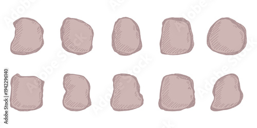 Hand drawn rocks and stones Rock fragments, boulders, building material Coastal pebbles, gravel, minerals, cobblestones, geological formations For game environment, landscape illustration, design